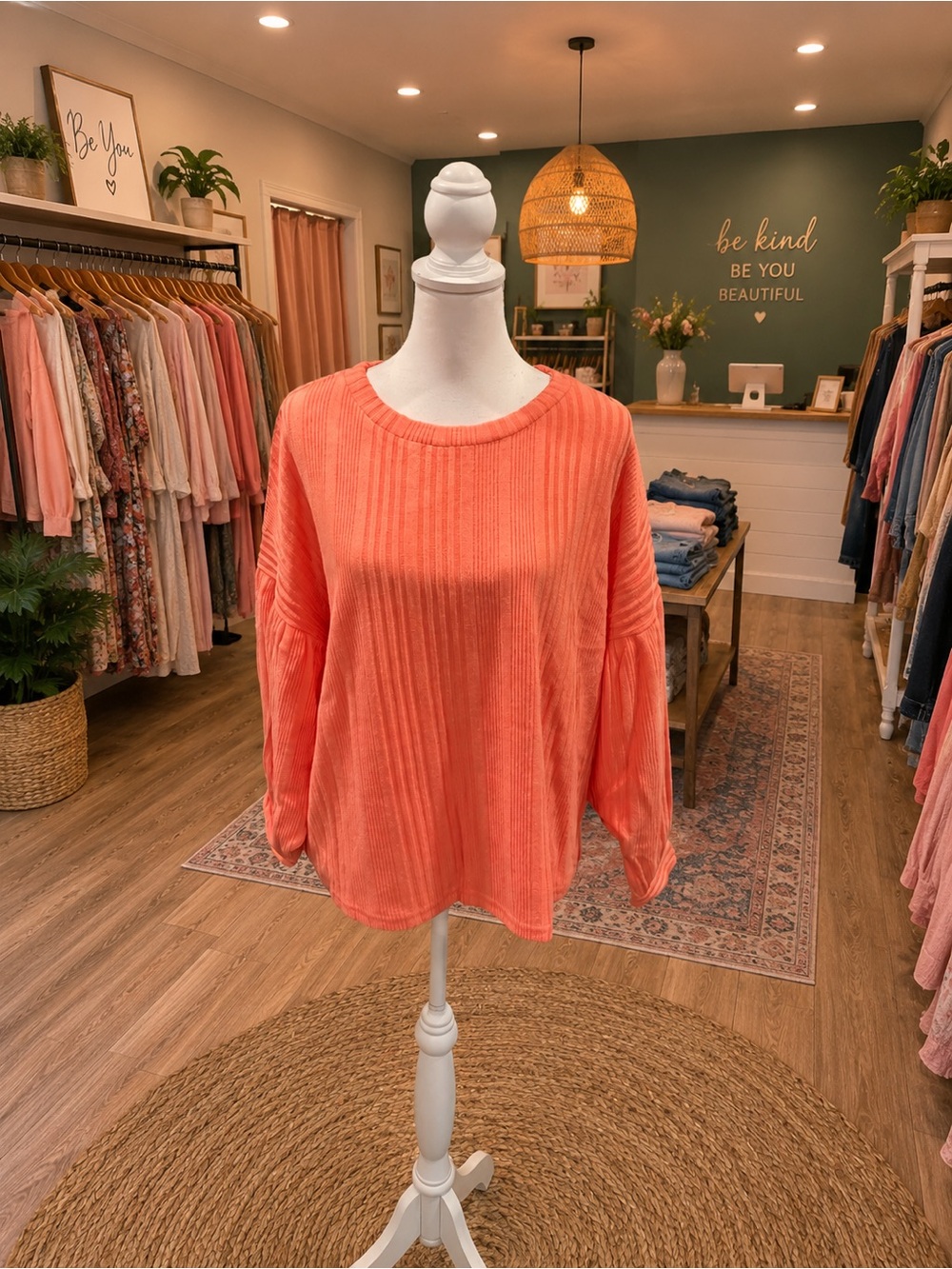 Coral Ribbed Knit Pullover Sweater